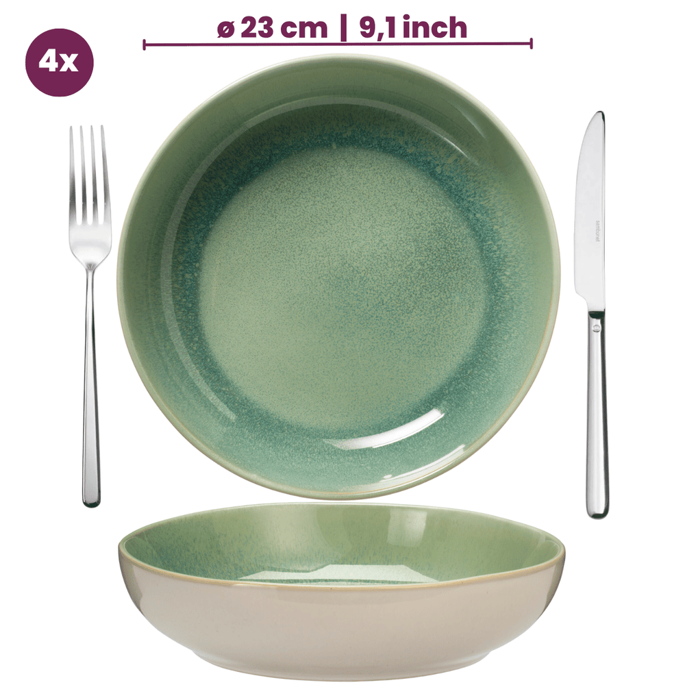 Set de vajilla Serene Green 12 piezas / 4 personas - 4 platos llanos, 4 platos de desayuno y 4 tazones