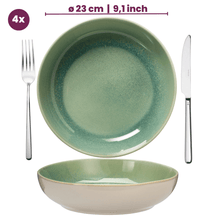 Set de vajilla Serene Green 12 piezas / 4 personas - 4 platos llanos, 4 platos de desayuno y 4 tazones