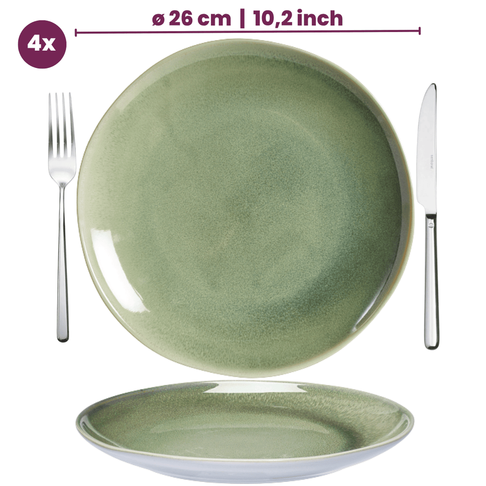 Set de vajilla Serene Green 12 piezas / 4 personas - 4 platos llanos, 4 platos de desayuno y 4 tazones
