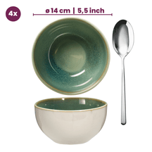 Set de vajilla Serene Green 12 piezas / 4 personas - 4 platos llanos, 4 platos de desayuno y 4 tazones