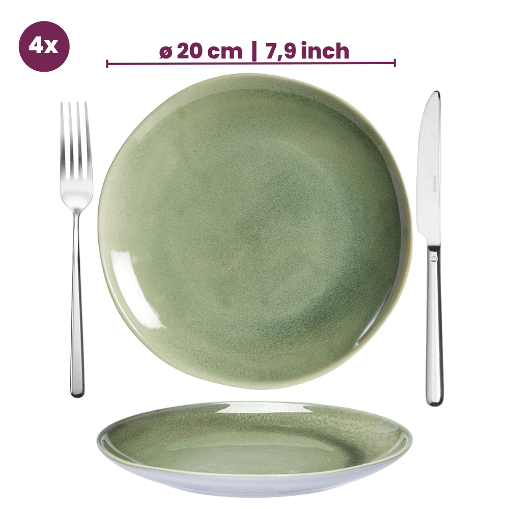 Set de vajilla Serene Green 12 piezas / 4 personas - 4 platos llanos, 4 platos de desayuno y 4 tazones