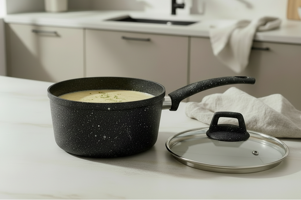 Cookinglife Cazo / cacerola con tapa - Black Speckle - Aluminio ø 18 cm / 2.2 litros - Apto para todas las fuentes de calor - recubrimiento antiadherente estándar