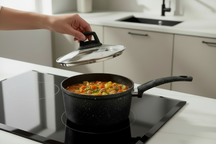 Cookinglife Cazo / cacerola con tapa - Black Speckle - Aluminio ø 18 cm / 2.2 litros - Apto para todas las fuentes de calor - recubrimiento antiadherente estándar