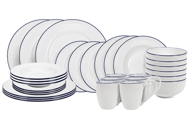 Cookinglife Juego de vajilla Whitmore 30 piezas / 6 personas - 6 platos de cena, 6 platos de desayuno, 6 platos hondos, 6 cuencos y 6 tazas