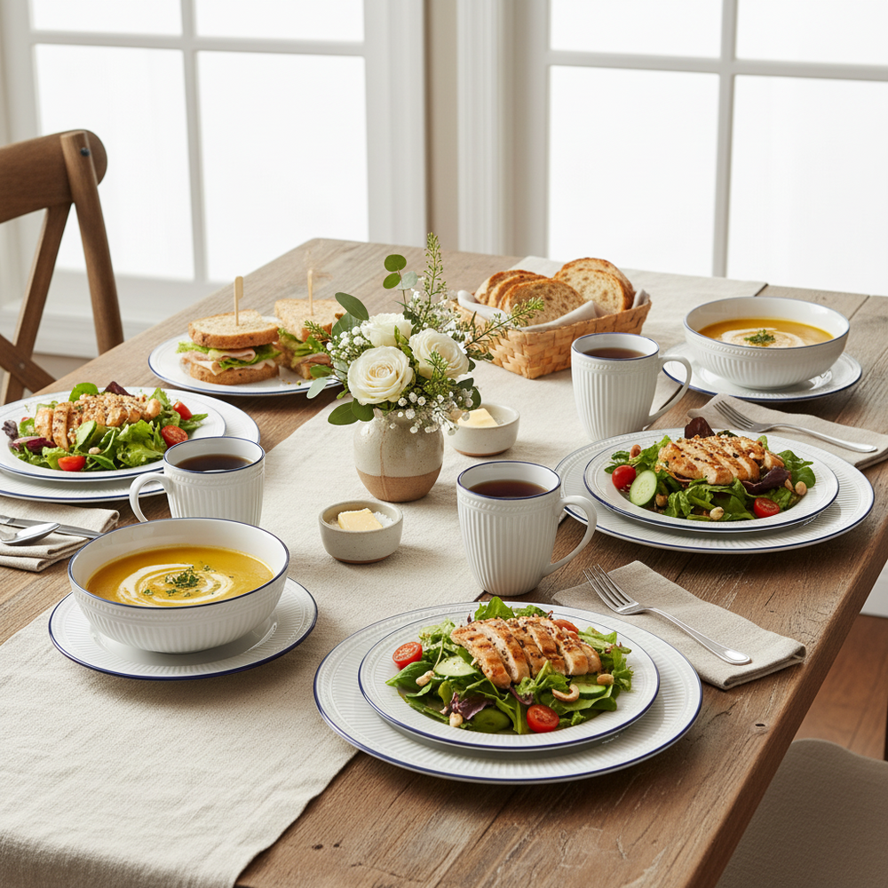 Cookinglife Juego de vajilla Whitmore 30 piezas / 6 personas - 6 platos de cena, 6 platos de desayuno, 6 platos hondos, 6 cuencos y 6 tazas