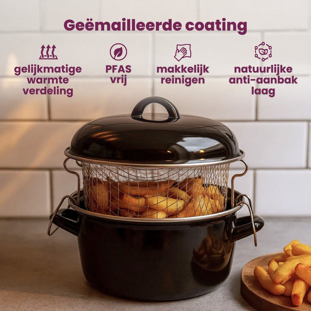 Sartén para buñuelos Cookinglife - Freidora - Olla para asar - Esmalte - con cesta - ø 24 cm / 4 litros - recubrimiento esmaltado antiadherente