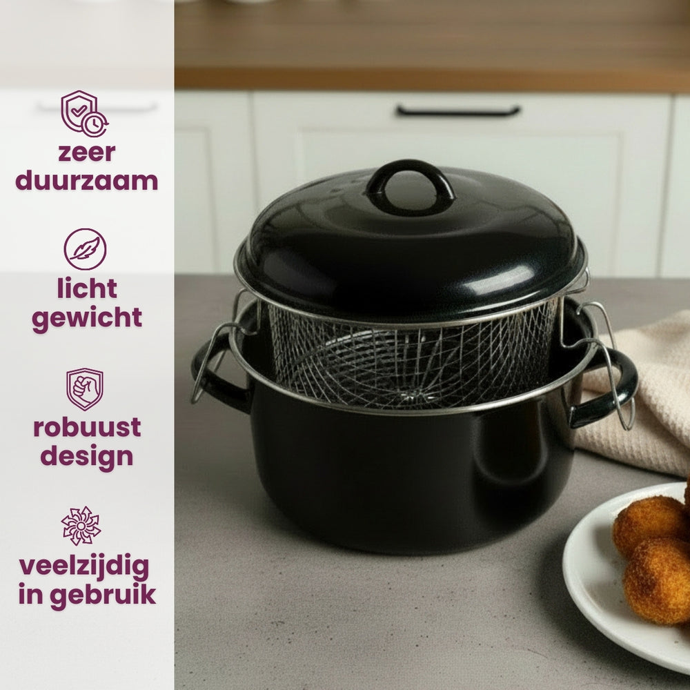 Sartén para buñuelos Cookinglife - Freidora - Olla para asar - Esmalte - con cesta - ø 24 cm / 4 litros - recubrimiento esmaltado antiadherente