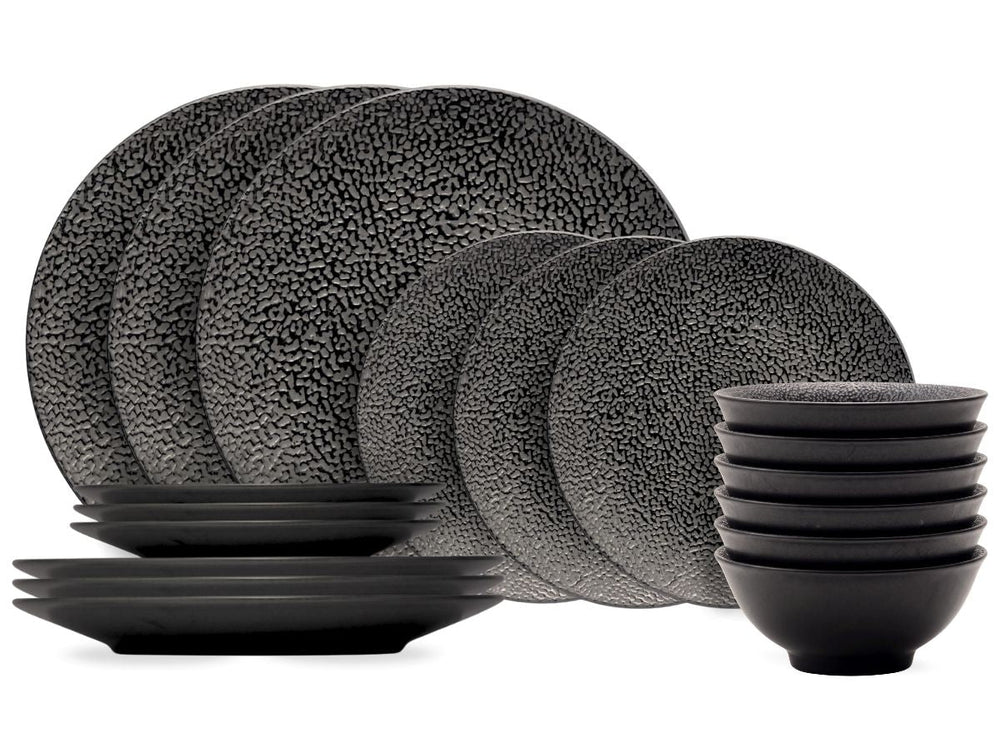 Cosy & Trendy Juego de vajilla Candy Black 18 piezas / 6 personas - 6 platos llanos, 6 platos para desayuno y 6 cuencos