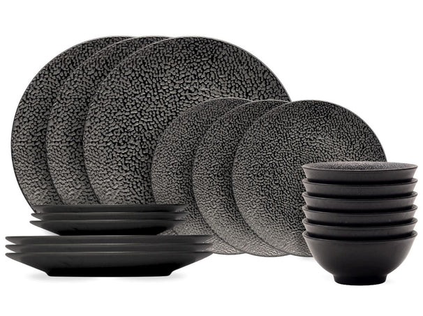 Cosy & Trendy Juego de vajilla Candy Black 18 piezas / 6 personas - 6 platos llanos, 6 platos para desayuno y 6 cuencos