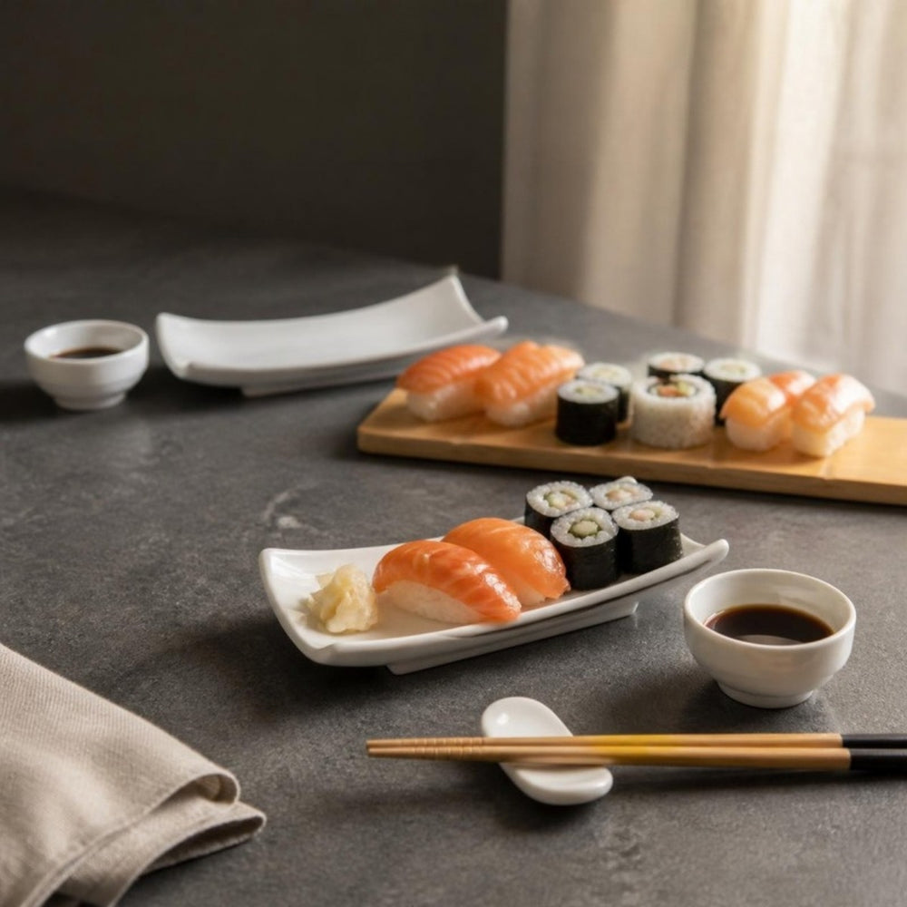 Wit sushibord met nigiri en maki, dipschaaltje met sojasaus en eetstokjes