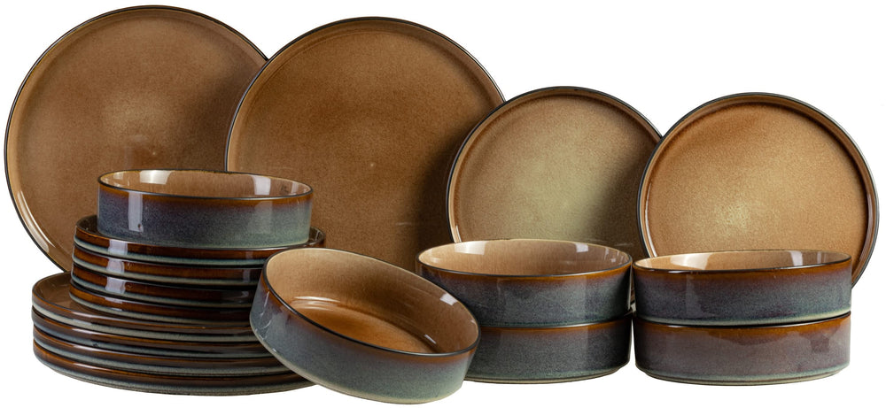 Cosy & Trendy Juego de vajilla Quintana Amber 18 piezas / 6 personas - 6 platos llanos, 6 platos hondos y 6 platos para desayuno