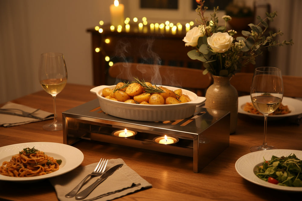 Placa calentadora Cosy & Trendy - Calienta platos con 2 portavelas para tealight - Acero inoxidable - 26.4 x 14.9 x 7 cm