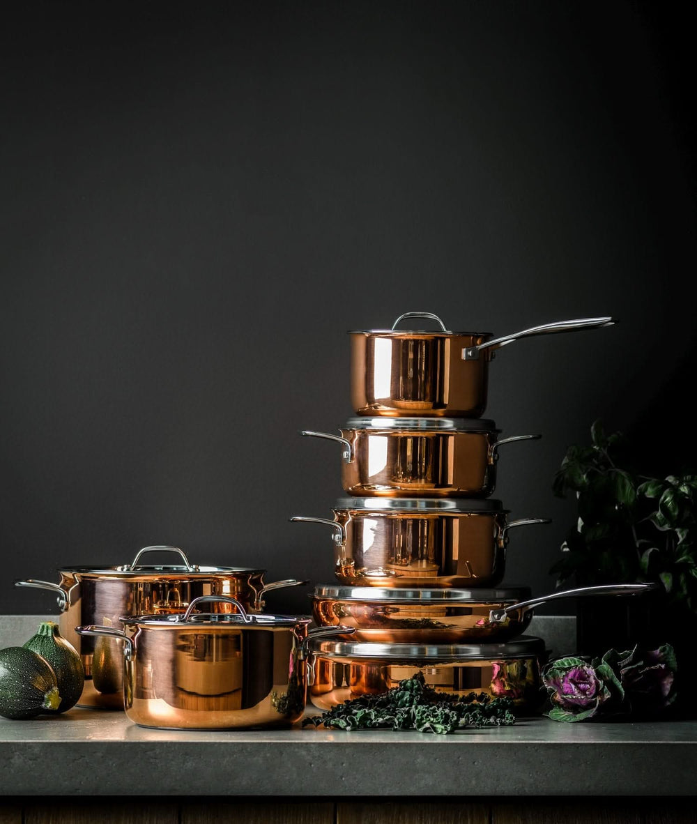 Set de ollas DUCQ de cobre 6 piezas - Olla ø 20, 20, 24 cm & cazo ø 16 cm & cacerola ø 28 cm & sartén ø 26 cm + tapas