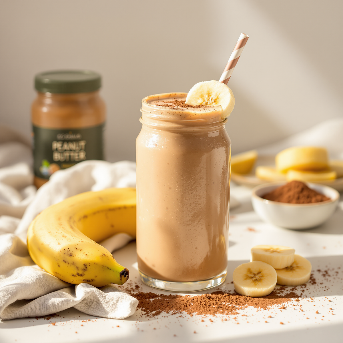 ¡Un delicioso batido con mantequilla de cacahuete, chocolate y plátano!