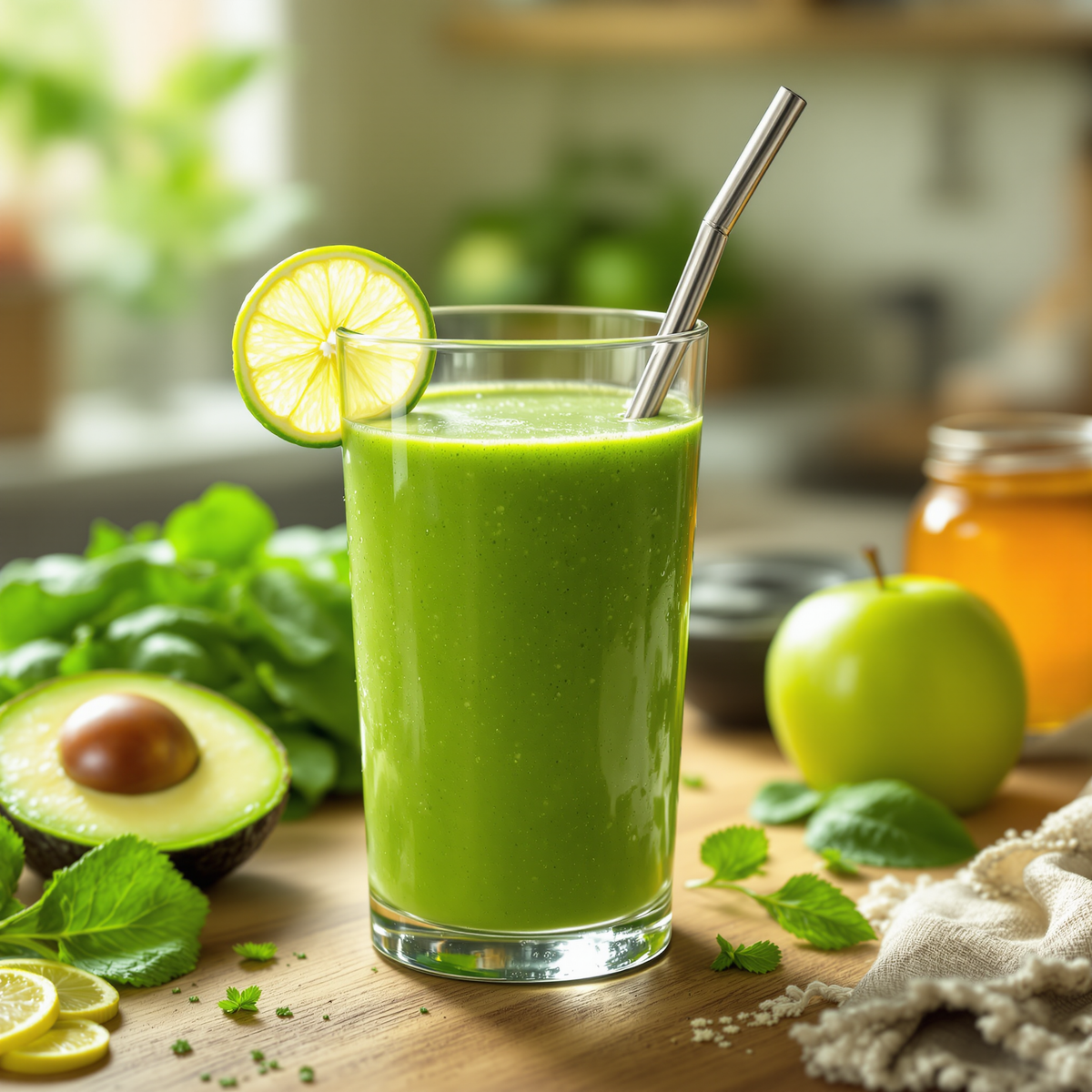 Smoothie verde fresca y nutritiva con pera, plátano y menta