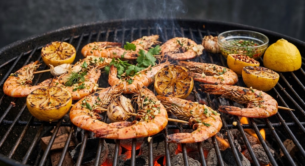 Gambas jugosas con un toque fresco, directamente de la parrilla