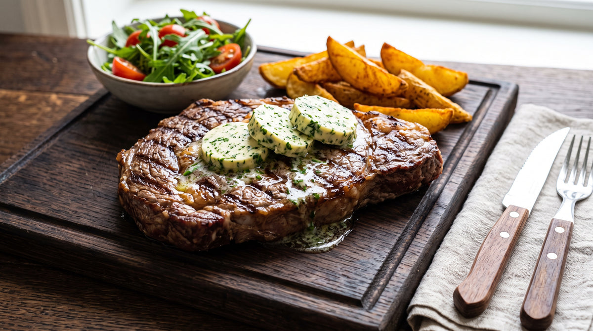 Carne jugosa con una costra dorada, directamente de la sartén.