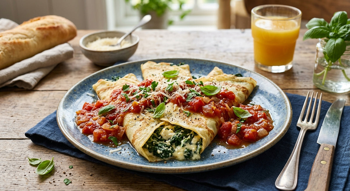 Deliciosas crêpes rellenas de espinacas y queso con salsa de tomate