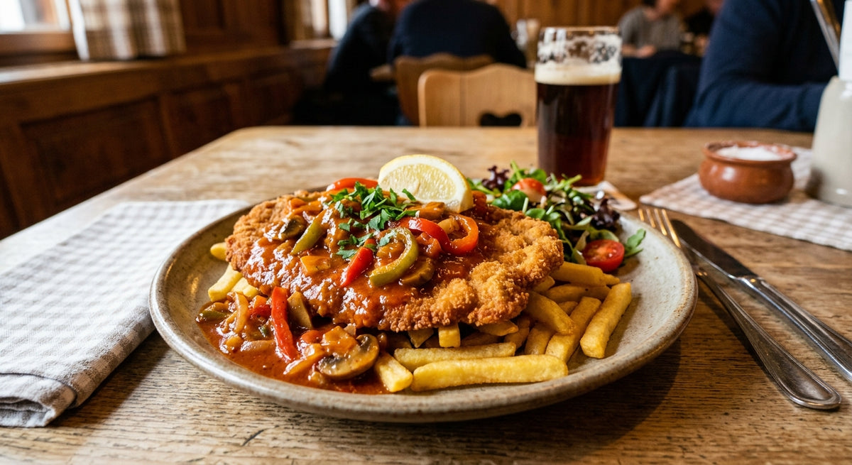 Crujiente schnitzel empanado con una salsa de pimiento picante