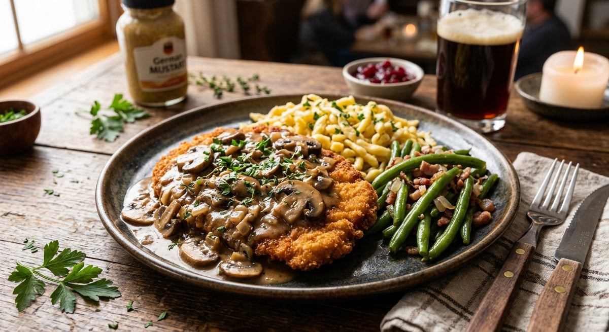Schnitzel crujiente con una salsa de champiñones rica y sabrosa