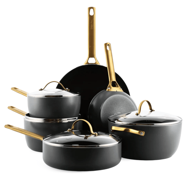 GreenPan Set de Ollas Padova Reserve Negra 6 piezas - Recubrimiento antiadherente cerámico - Olla ø 24 cm, Cazo ø 18, 20 cm, Sartén ø 20, 28 cm y Sartén para saltear ø 24 cm