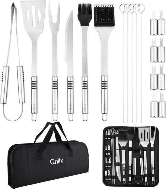 GrillX BBQ Accesorios Set de herramientas - Pinzas para BBQ, espátula, tenedor, cepillo - Set completo de herramientas para barbacoa