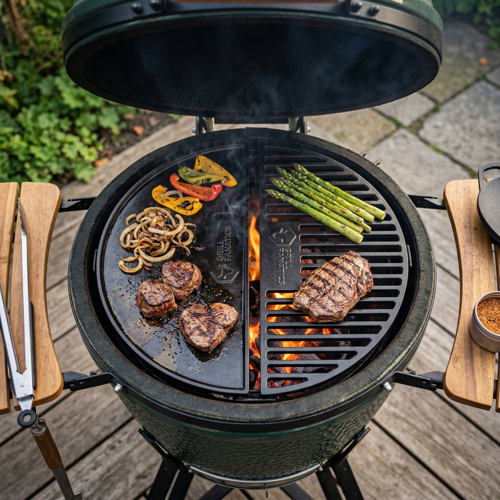 Cookinglife Grill Plancha Media Luna de Hierro Fundido - Doble cara - Compatible con Kamados de 46 cm
