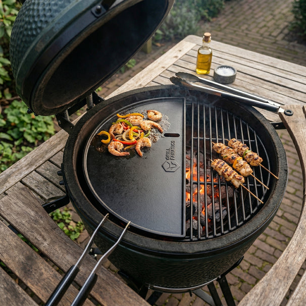 Cookinglife Grill Plancha Media Luna de Hierro Fundido - Doble cara - Compatible con Kamados de 46 cm