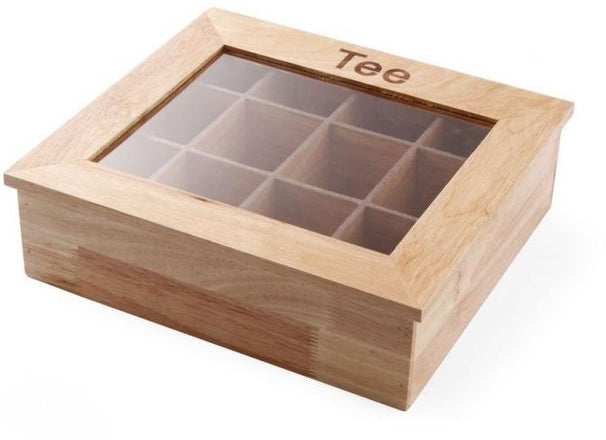 Caja de té de madera Hendi con ventana acrílica - 12 compartimentos - 30 x 28 x 9 cm