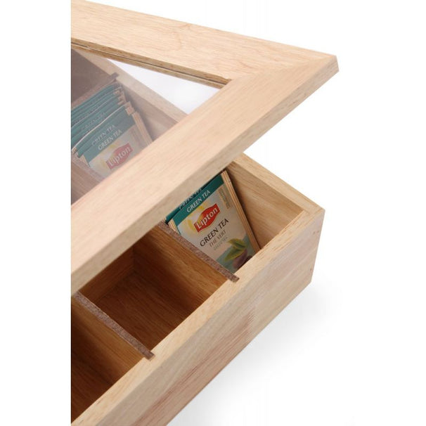 Caja de té de madera Hendi con ventana acrílica - 12 compartimentos - 30 x 28 x 9 cm