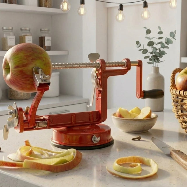 Ensarta la manzana en el eje