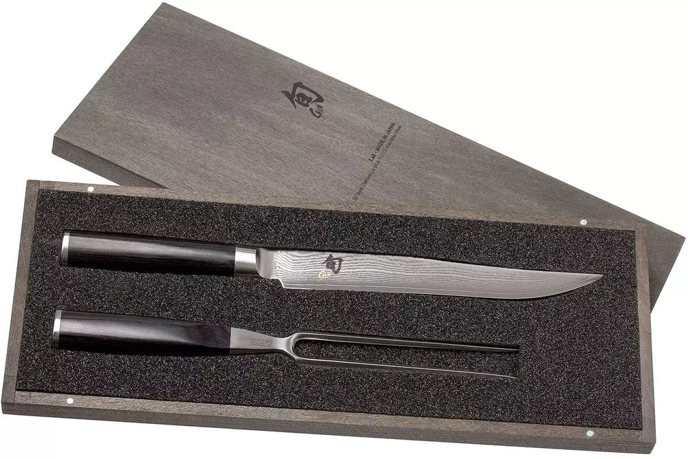Set de cuchillos para trinchar Shun Classic - 32 capas de acero damasco - (Cuchillo para carne + Tenedor para carne) - 2 piezas - DMS-200