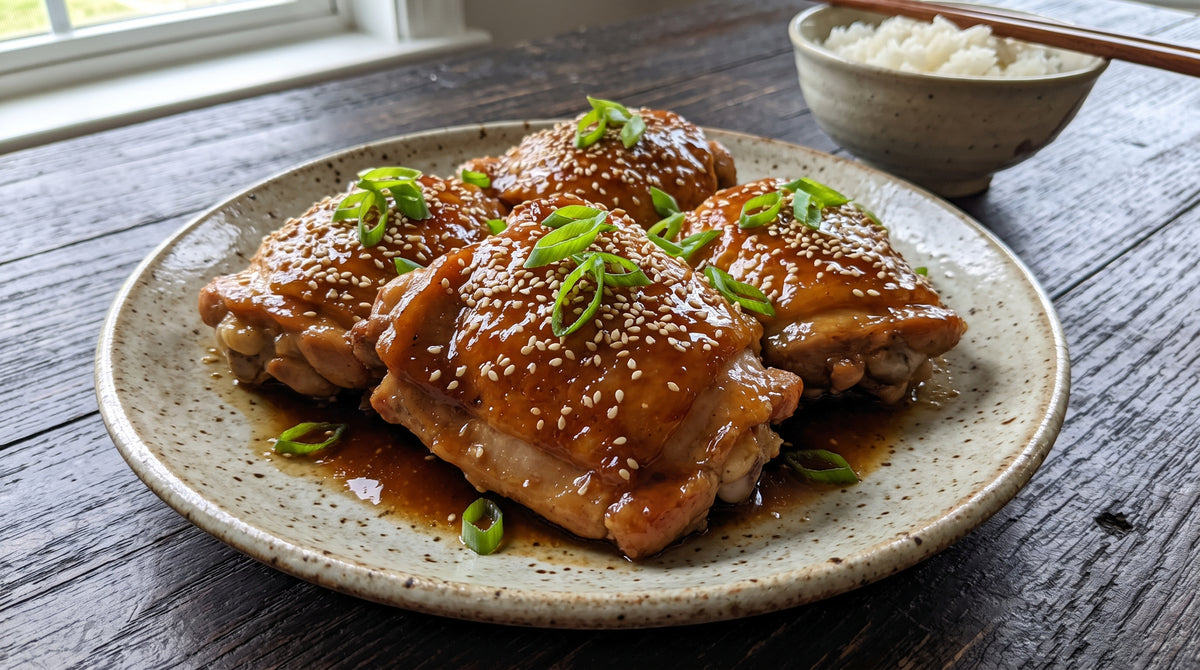 Muslos de pollo jugosos con umami, jengibre y glaseado de sésamo