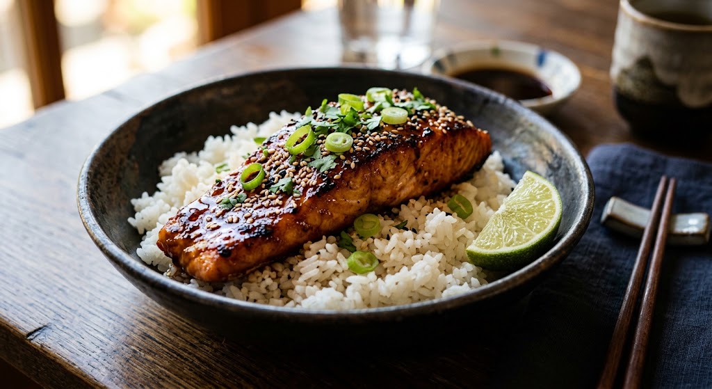 Salmón jugoso, salsa teriyaki brillante y arroz perfecto de tu arrocera.