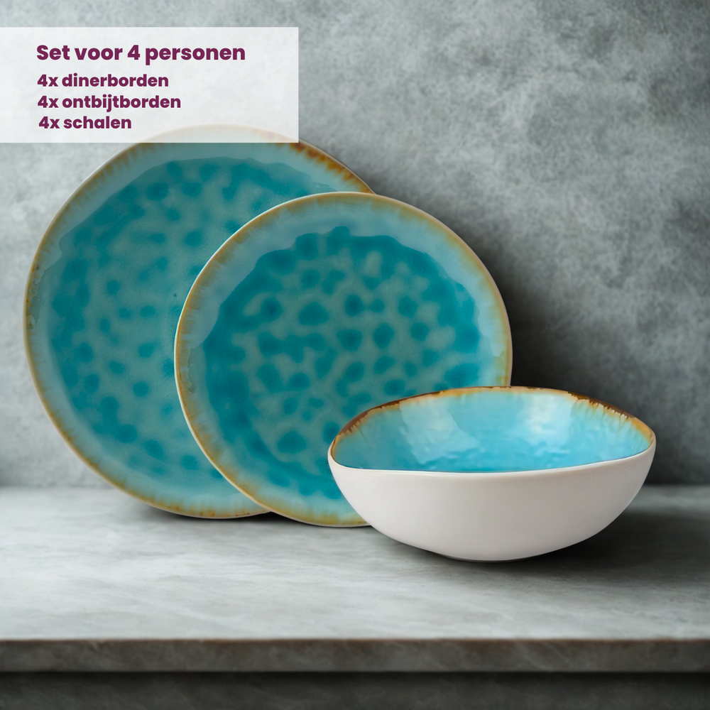 Juego de vajilla Cosy & Trendy Laguna Azzurro 12 piezas / 4 personas - 4 platos de cena, 4 platos de desayuno y 4 cuencos