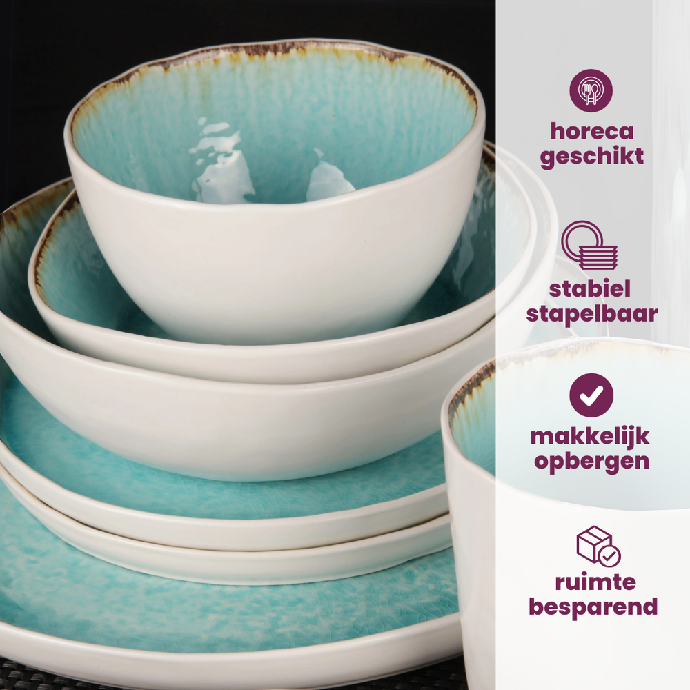 Juego de vajilla Cosy & Trendy Laguna Azzurro 12 piezas / 4 personas - 4 platos de cena, 4 platos de desayuno y 4 cuencos