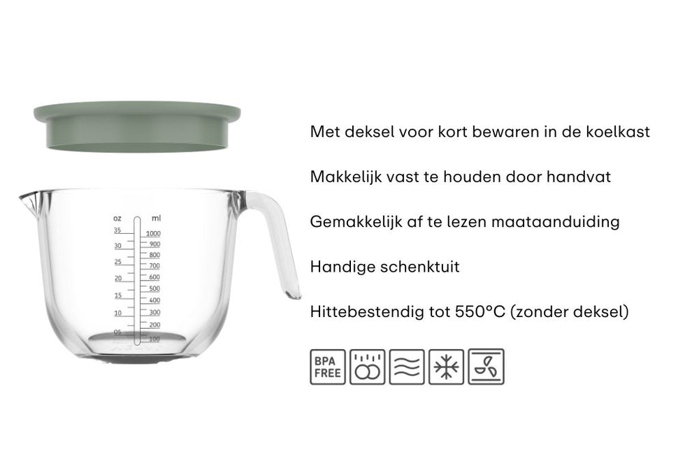 Mepal Jarra Medidora de Vidrio Chef It Nordic Sage - con Tapa - 1 litro