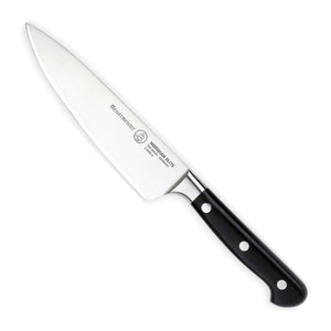 Messermeister Koksmes Meridian Elite 15 cm met zwart heft, vrijstaand op witte achtergrond