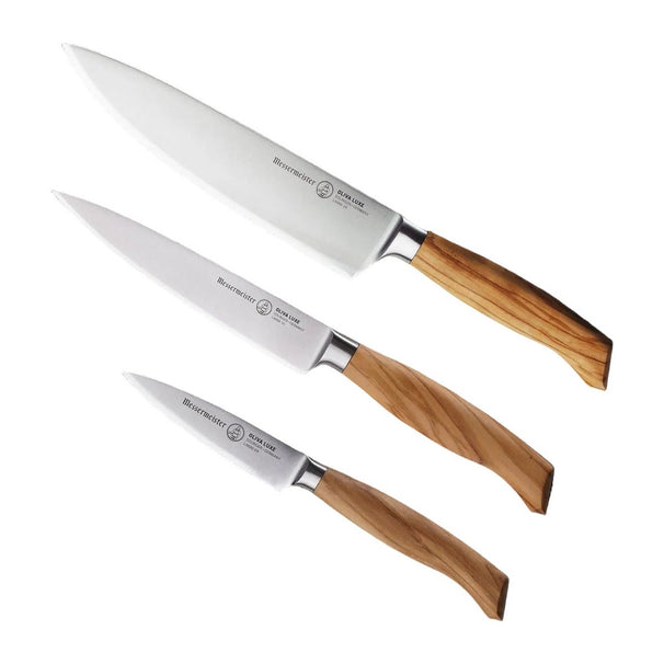 Messermeister Juego de cuchillos Oliva Luxe Madera de Olivo 3 piezas - Cuchillo de chef, cuchillo universal y cuchillo de oficio
