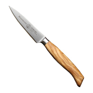 Messermeister Officemes Oliva Luxe 9 cm met olijfhouten heft, vrijstaand op witte achtergrond