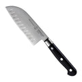 Messermeister Santokumes met Kuiltjes Meridian Elite 13 cm met zwart heft, vrijstaand op witte achtergrond