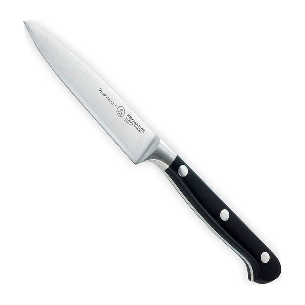 Messermeister Schilmes Meridian Elite 10 cm met zwart heft, vrijstaand op witte achtergrond