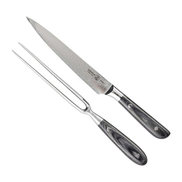 Messermeister Juego para trinchar Avanta Damascus 2 piezas - Cuchillo para carne y tenedor trinchador - 67 capas de acero damasco
