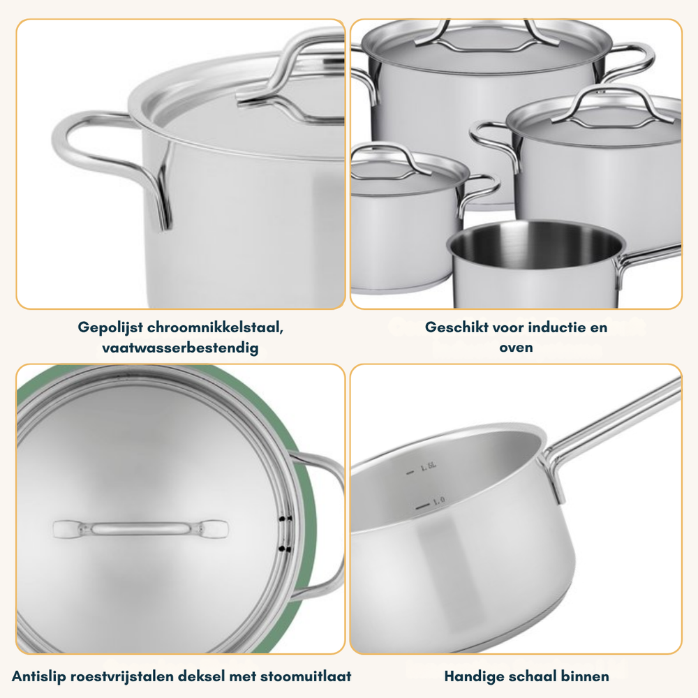 Juego de ollas Sola Mirage 4 piezas Acero inoxidable - Olla de cocina ø 16, 18, 20 cm y cazo ø 16 cm - apto para todas las fuentes de calor