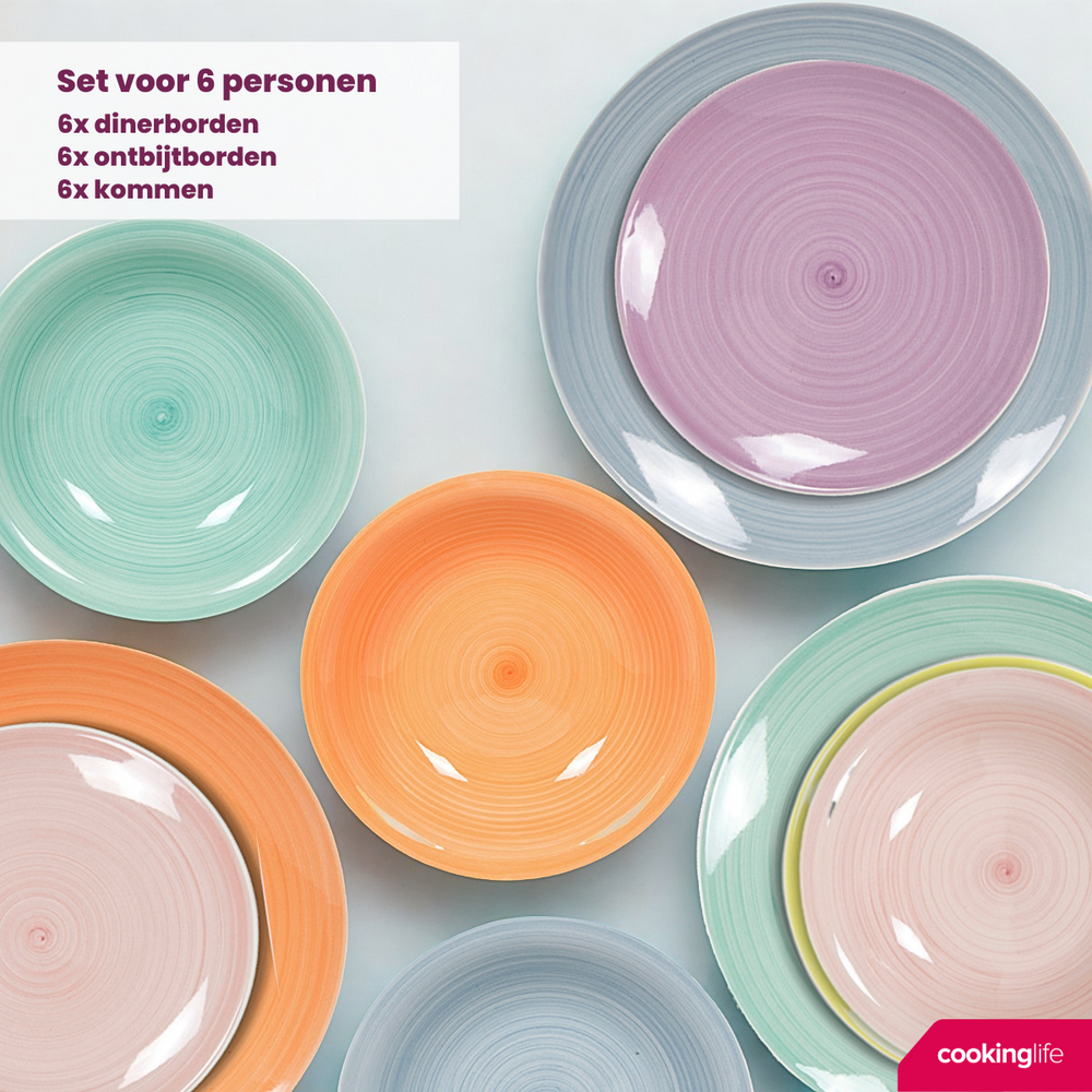 Cookinglife Juego de Vajilla Pastel Harmony 18 piezas / 6 personas - 6 platos llanos, 6 platos para desayuno y 6 platos hondos