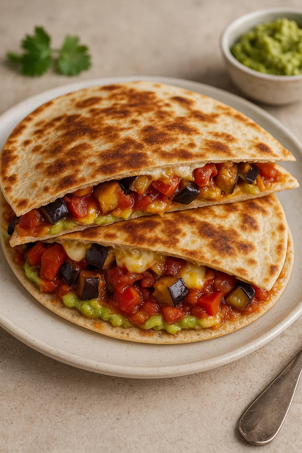 Wraps crujientes rellenas de una mezcla jugosa de berenjena y pimiento, aguacate y queso fundido