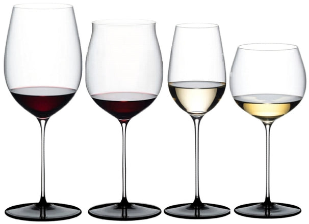 Set de copas de vino Riedel Fatto A Mano Black Tie - Bordeaux Grand Cru, Burgundy Grand Cru, Riesling y Chardonnay barricado - 4 piezas