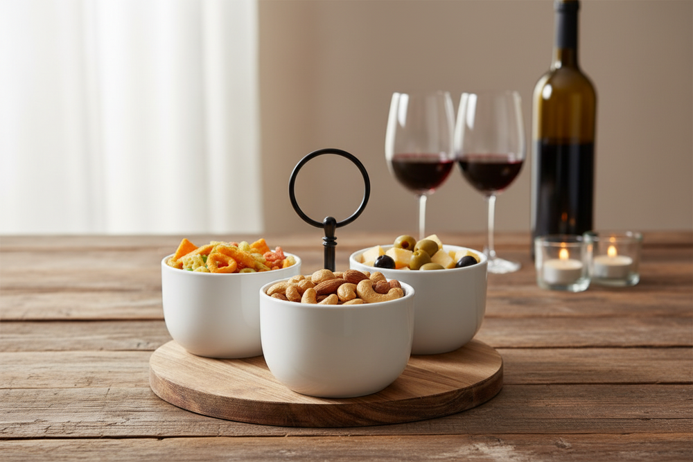 Set de Servicio / Set de Tapas 4 piezas Cookinglife - Madera de Acacia ø 19 cm - Con Cuencos de Porcelana