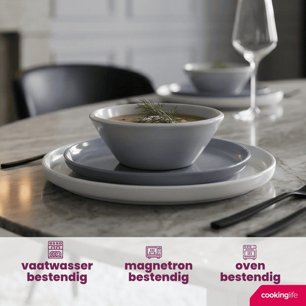 Cookinglife Set de vajilla Siaki - Blanco / Azul / Gris - Porcelana 18 piezas / 6 personas - 6 platos para cenar, 6 platos de desayuno y 6 cuencos