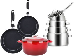 Sola Set de Sartenes Pearl 7 Piezas Acero Inoxidable - Compatible con Inducción - Cacerola ø 16, 18, 20 cm & Cacerola ø 16 cm + Sartén ø 24, 28 cm + Olla ø 24 cm